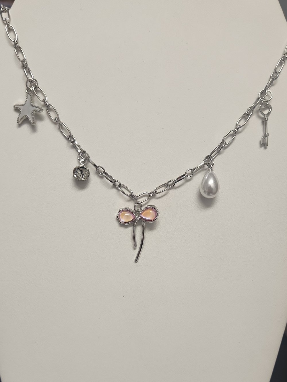 Silver Charm Necklace with Pink Bow and Pearl Accent